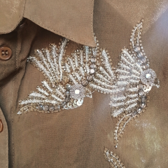 Topshop Beaded Sequined Silver Embroidered Birds Blouse Brown Crepe 2 Petite - Picture 3 of 7